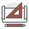 graphic illustration of a measuring triangle on a blueprint with a pencil